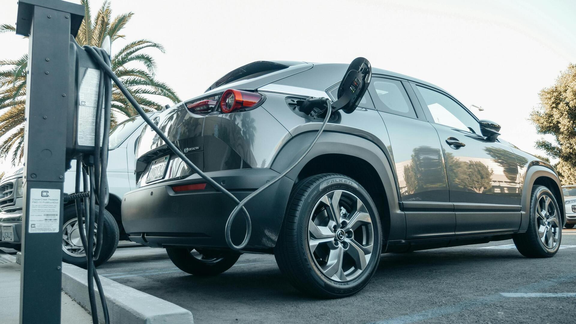 An electric car at a charging station. 