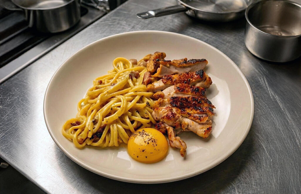 מנת איטריות עם מח עצם פרגית וחלמון במסעדת סניור פנאי