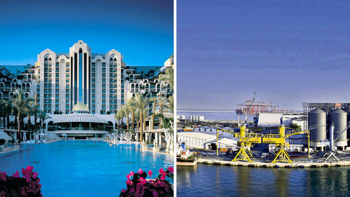 מימין נמל מספנות ישראל בחיפה ומלון הרודס של פתאל באילת