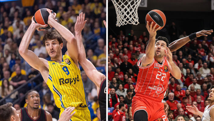 מימין כדורסלן הפועל ת”א וסיליה מיציץ  וכדורסלן מכבי ת”א רומן סורקין