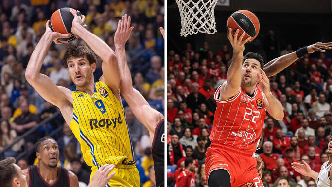 מימין כדורסלן הפועל ת”א וסיליה מיציץ  וכדורסלן מכבי ת”א רומן סורקין