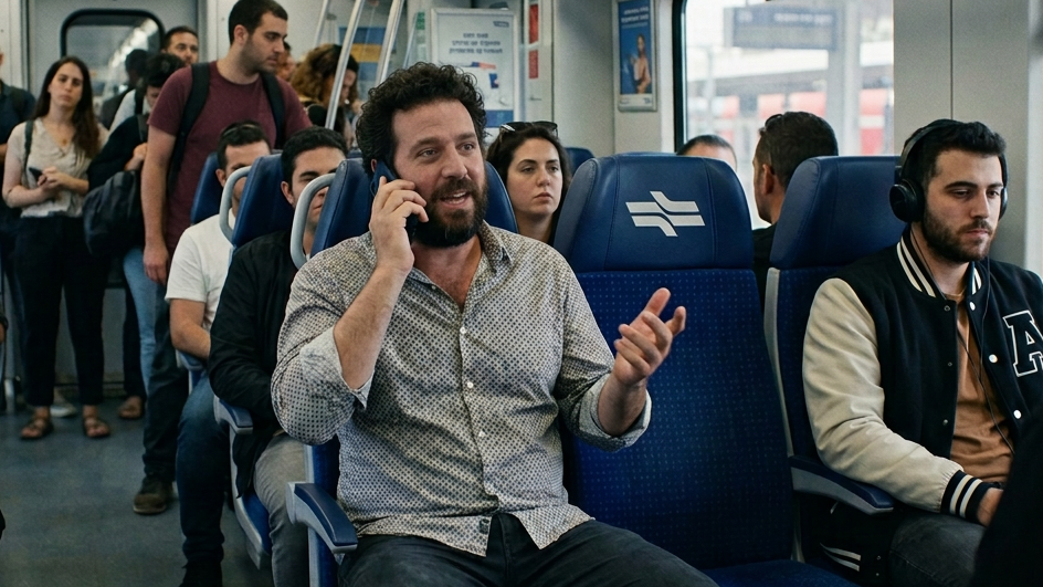 אנשים מעצבנים נוסע מדבר בקול בטלפון ברכבת