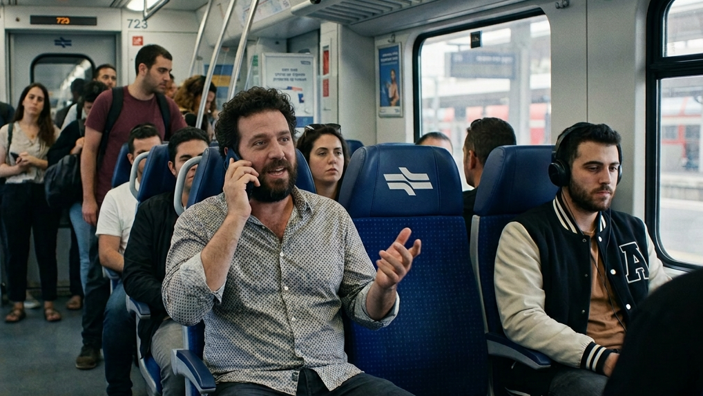 אנשים מעצבנים נוסע מדבר בקול בטלפון ברכבת