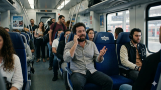 אנשים מעצבנים נוסע מדבר בקול בטלפון ברכבת