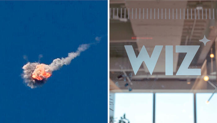 Wiz offices alongside a missile interception above Tel Aviv. 