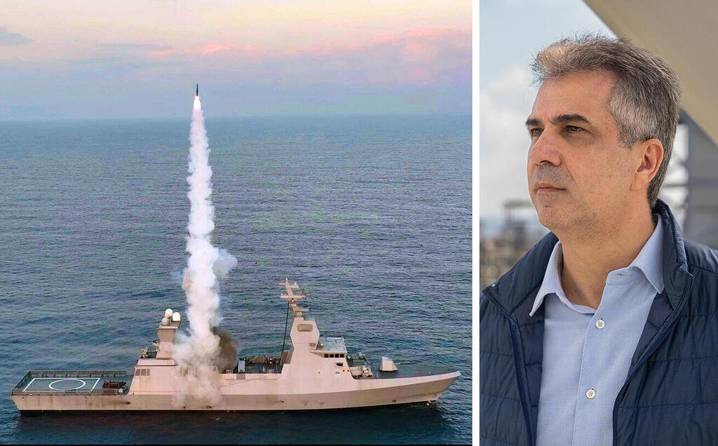 השר אלי כהן לצד ספינת סער 6 בשיגור טיל ברק MX