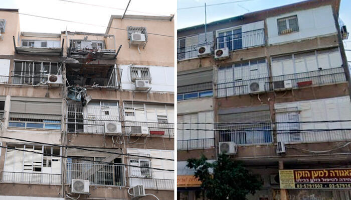 הפגיעה בבני ברק שלשום (משמאל). תמונת הבניין באתר גוגל (מימין) מלמדת שכל הקומה הרביעית נוספה לבניין (צילומים: גוגל מפס טל שחר) מימין הבניין לפני ו אחרי הפגיעה בבני ברק