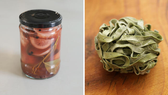 פנאי מימין ספגטיני בזילקום של כהן צדק וצנוניות תותססות של ברגר