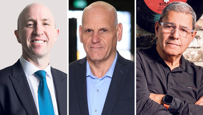 From right: Moti Gutman, CEO of Matrix; Bezhalel Machlis, CEO of Elbit; and Scott Russell, CEO of NICE (Ilya Malenkov, Elad Gershgorn, Bloomberg) מוטי גוטמן מנכ"ל מטריקס, בצלאל מכליס מנכ"ל אלביט ו סקוט ראסל מנכ"ל נייס