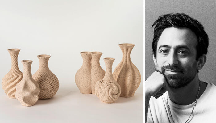 גיא לבקוב וכלים שהדפיס (צילומים: ירדן בידר ליאת אלבלינג) מוסף נדל"ן 2026 גיא לבקוב קרמיקה מודפסת בתלת־ממד בין דיוק למקריות בין מכונה לאדם