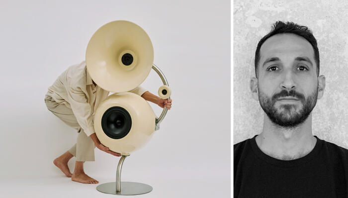 דן סרוסי ומערכת סאונד שהדפיס (צילומים: דלית מרנפלד זיו טולדנו) מוסף נדל"ן 2026 דן סרוסי צורות שאין דרך אחרת ליצור