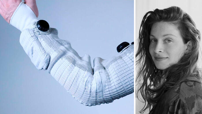 גנית גולדשטיין ולבוש שהדפיסה (צילומים: לדינה בישוף) מוסף נדל"ן 2026 גנית גולדשטיין הבד הופך למערכת חכמה שמתקשרת עם הגוף והסביבה