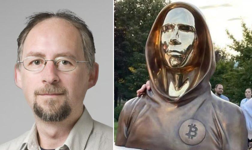 אדם בק והפסל של "ממציא" הביטקוין בבודפשט (צילומים: אתר blockstream, עמוד הפייסבוק Bitocin Magazine) אדם בק והפסל של "ממציא" הביטקוין בבודפשט