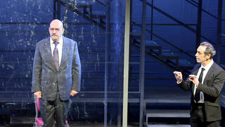 מתוך ההצגה משפט אייכמן מימין גיל פרנק יגאל נאור ו מנשה נוי פנאי