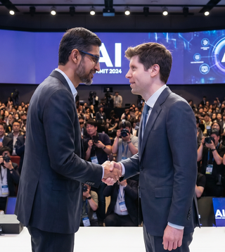 תמונה של סם אלטמן וסונדאר פיצ'אי לוחצים ידיים שנוצרה באמצעות ננו בננה פרו