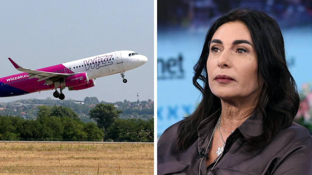 שרת התחבורה מירי רגב לצד מטוס של וויז אייר וויזאייר