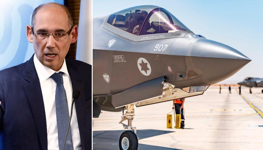 מטוס F-35 של חיל האוויר, לצד נגיד בנק ישראל אמיר ירון
