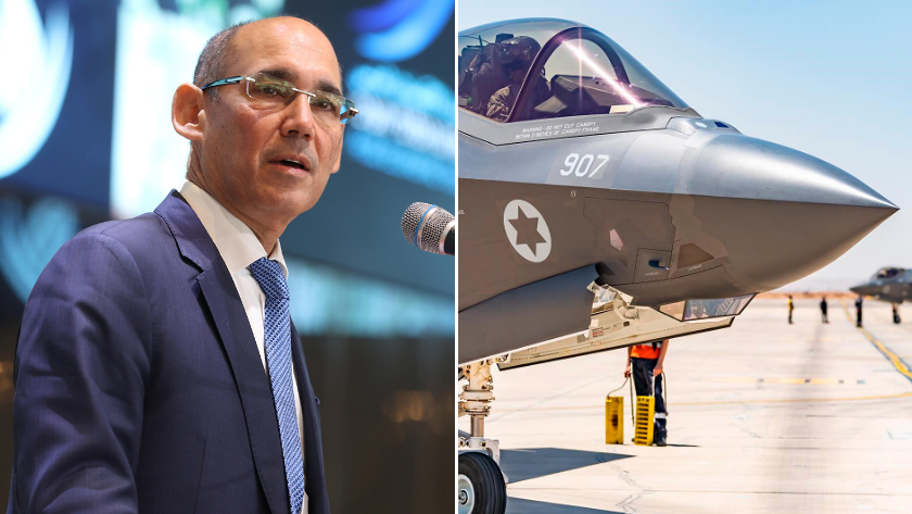 מטוס F-35 של חיל האוויר, לצד נגיד בנק ישראל אמיר ירון