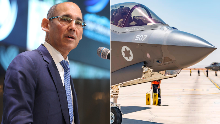 מטוס F-35 של חיל האוויר, לצד נגיד בנק ישראל אמיר ירון