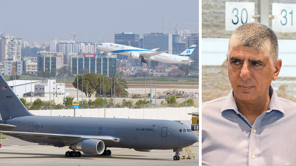 יו"ר רשות התעופה שמואל זכאי לצד מטוסים של צבא ארה"ב KC-46 מטוס תדלוק אווירי של חברת בואינג חונים בנתב"ג