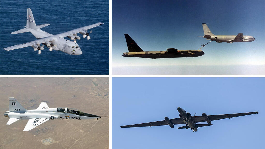 בכיוון השעון: מיכלית KC135 ו-B52, מטוס U2, מטוס אימון T38 וההרקולס האגדי (צילום: USAF) הקברניט A10 מטוס תקיפה 9