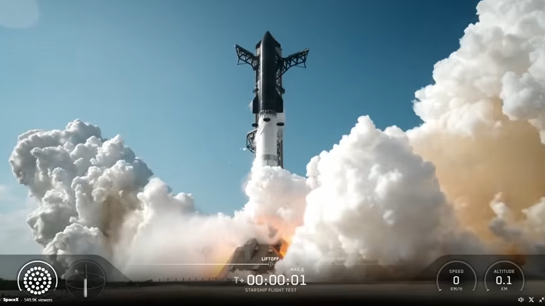 שיגור הסטארשיפ V3. רקטה בגובה מגדל של 40 קומות (צילום מסך מתוך יוטיוב) רגע שיגור הרקטה סטארשיפ V3 של ספייס X
