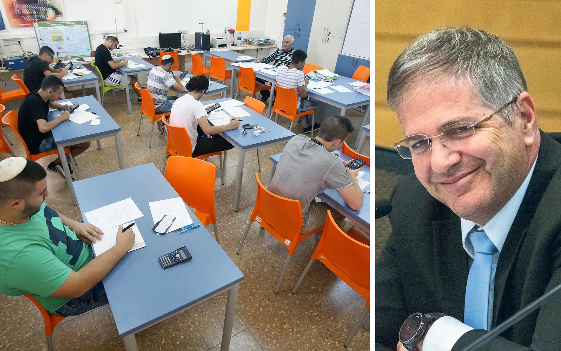 יואב קיש שר החינוך לצד תלמידים כיתה בית ספר תלמידי בית ספר אמית עכו קנדי מבחן בגרות ב מתמטיקה