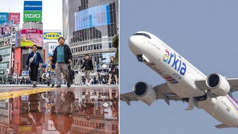 An Arkia plane and the Shibuya district in Tokyo An Arkia plane and the Shibuya district in Tokyo