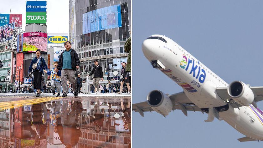 An Arkia plane and the Shibuya district in Tokyo (Eran Granot, Yuichi Yamazaki / AFP) מטוס של ארקיע ורובע שיבויה בטוקיו