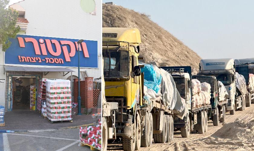 משאיות מובילות סחורות בכניסה לרצועת עזה, לצד סניף של ויקטורי. “הבהירו לנו שאם משהו לא יהיה בהתאם לנהלים - הרישיון ייפסל” (צילומים: קובי קואנקס, יאיר שגיא) משאיות סיוע לעזה לצד סניף של ויקטורי
