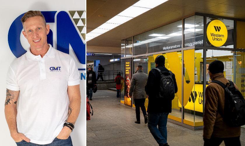 GMT CEO Eran Sarok. (Photo: Damian Lemanski/Bloomberg topics, Courtesy) ערן סרוק מנכ"ל GMT לצד סניף של ווסטרן יוניון