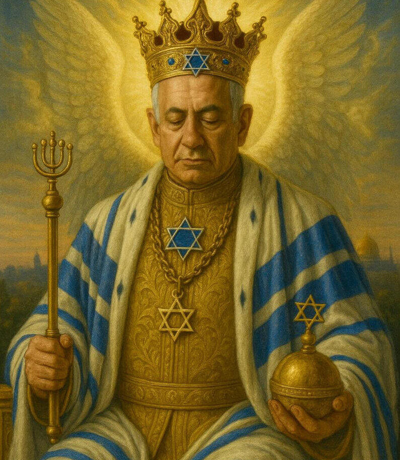 מם הערצה לנתניהו. כשאפשר להסביר כל דבר כתוכנית אלוהית, כחלק מהבאת הגאולה, אפשר להצדיק כל מעשה, וכל אי־עשייה (דימוי מתוך: hiname_co/Instagram@) דימוי AI טראמפ ביבי