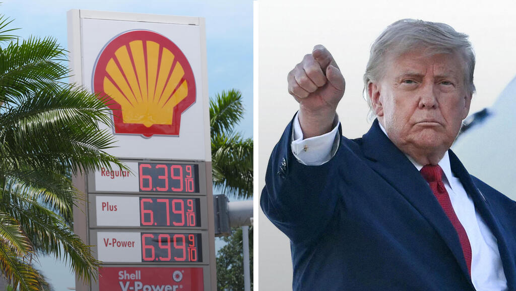US President Donald Trump next to a gas station in Miami, Florida with a price per gallon over $6 (Marta Lavandier/AP, Mandel Ngan/AFP) נשיא ארה"ב דונלד טראמפ לצד תחנת דלק במיאמי פלורידה עם מחיר לגלון מעל 6$
