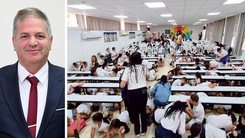 תלמידים בקריית שמונה תופסים מחסה בזמן אזעקה, לצד שר החינוך יואב קיש