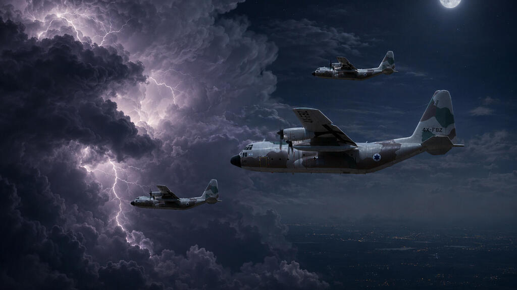 הרקולסים וענן CB (צילום: USAF התמונה עובדה באמצעות AI) הקברניט הרקולס אנטבה יירוט מיגים