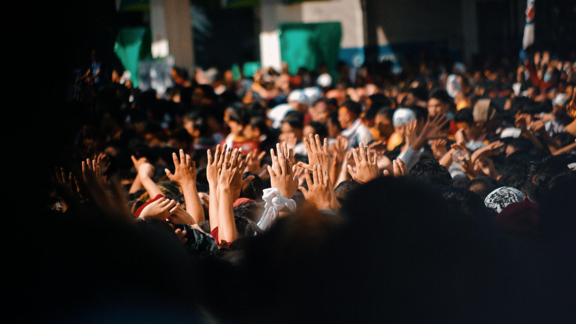 A group of people in a crowd raise their hands. 