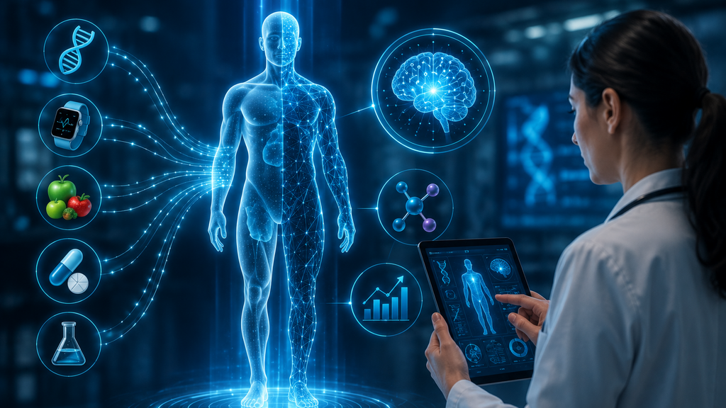 Personalized medicine enabled by AI models – illustration. (Produced using AI. ) רפואה מותאמת אישית בזכות מודלי בינה מלאכותית אילוסטרציה