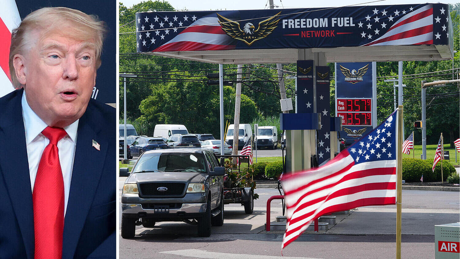 נשיא ארה"ב על רקע תחנת דלק של רשת F reedom Fuel בדרשר פנסילבניה