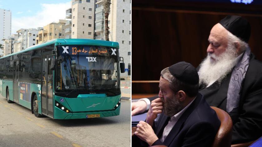ראשי יהדות התורה יצחק גולדקנופף ומשה גפני לצד אוטובוס בחדרה