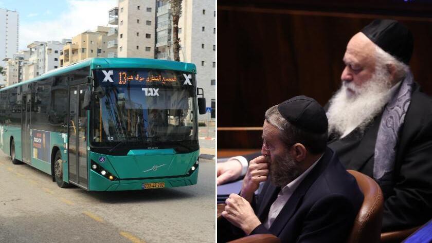 ראשי יהדות התורה יצחק גולדקנופף ומשה גפני לצד אוטובוס בחדרה