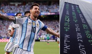 ליאו מסי במונדיאל לצד בניין הבורסה בתל אביב
