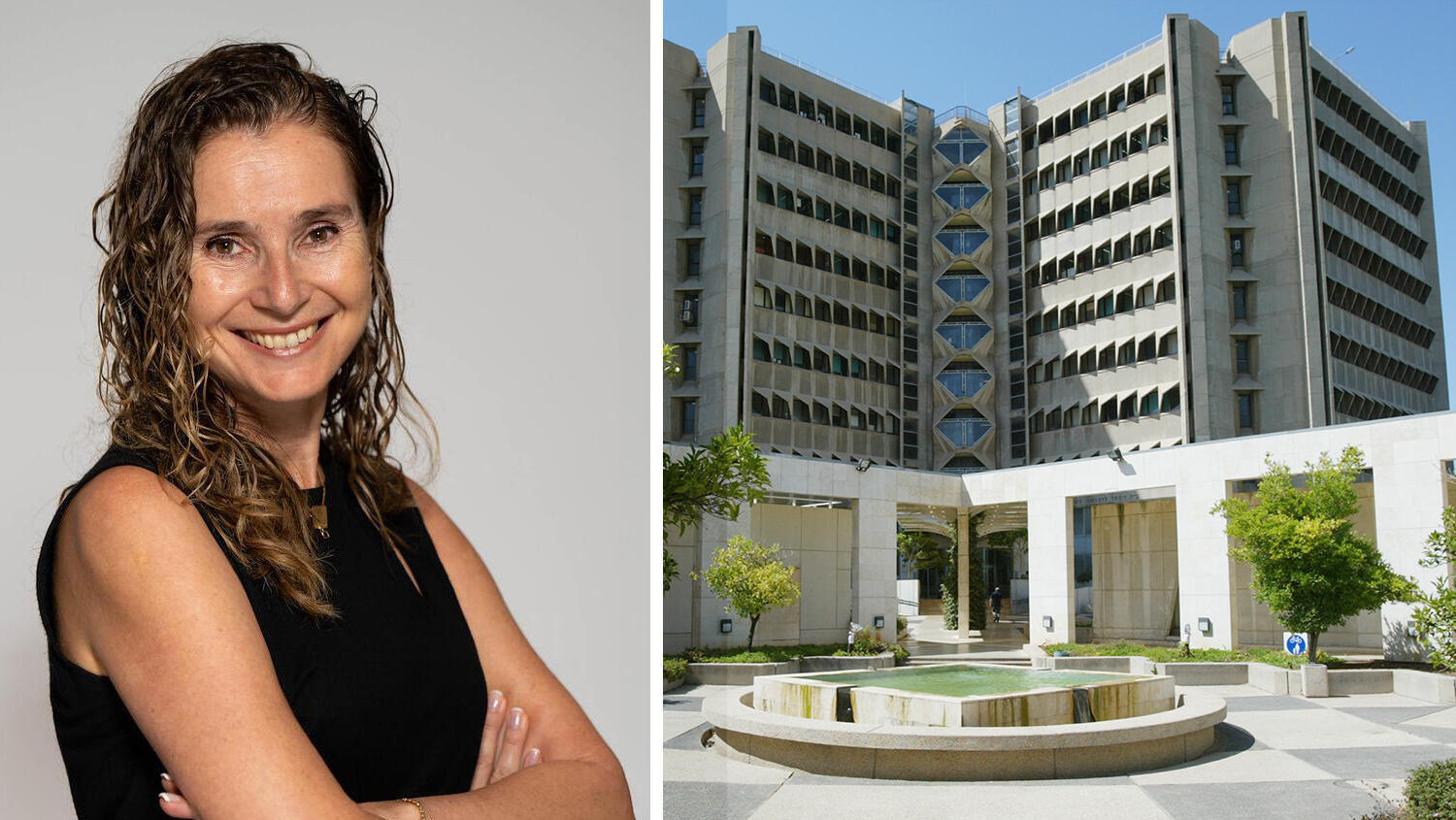 ענת גפטר גוילי לצד בניין אוניברסיטת תל אביב