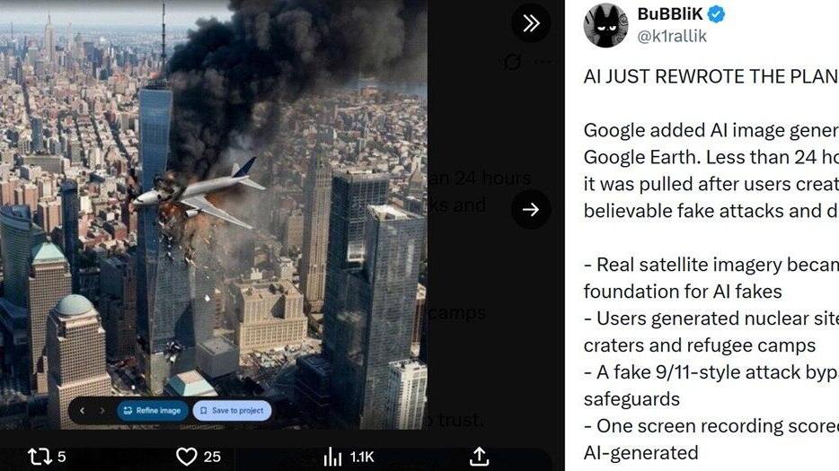 תמונת AI שזויפה עם הפיצ'ר החדש של Google Earth (צילום: מתוך טוויטר) תמונת AI שזויפה עם הפיצ'ר החדש של Google Earth