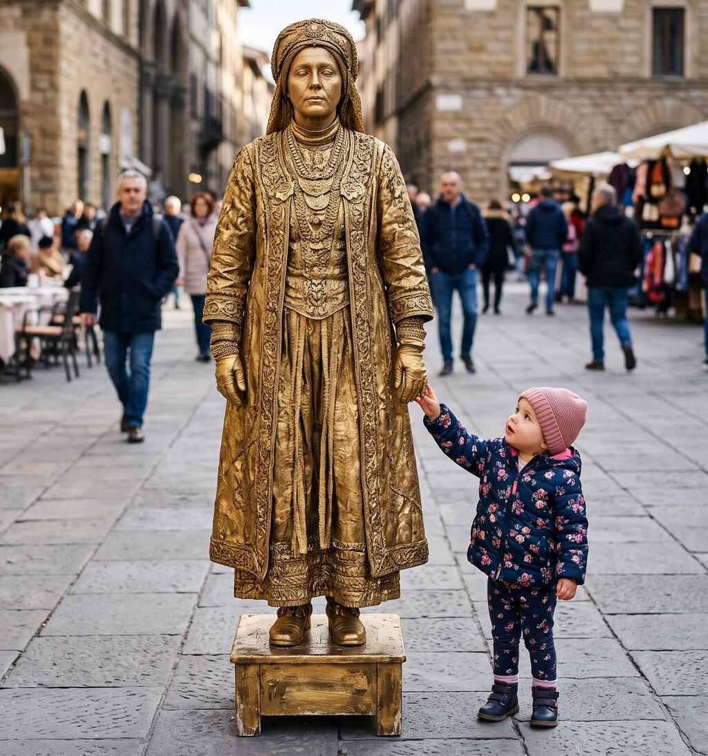 הקהל לא תמיד מבחין שמדובר בפסל אנושי (צילום: Facebook @Statue Surprise) פסל חי פסל אנושי