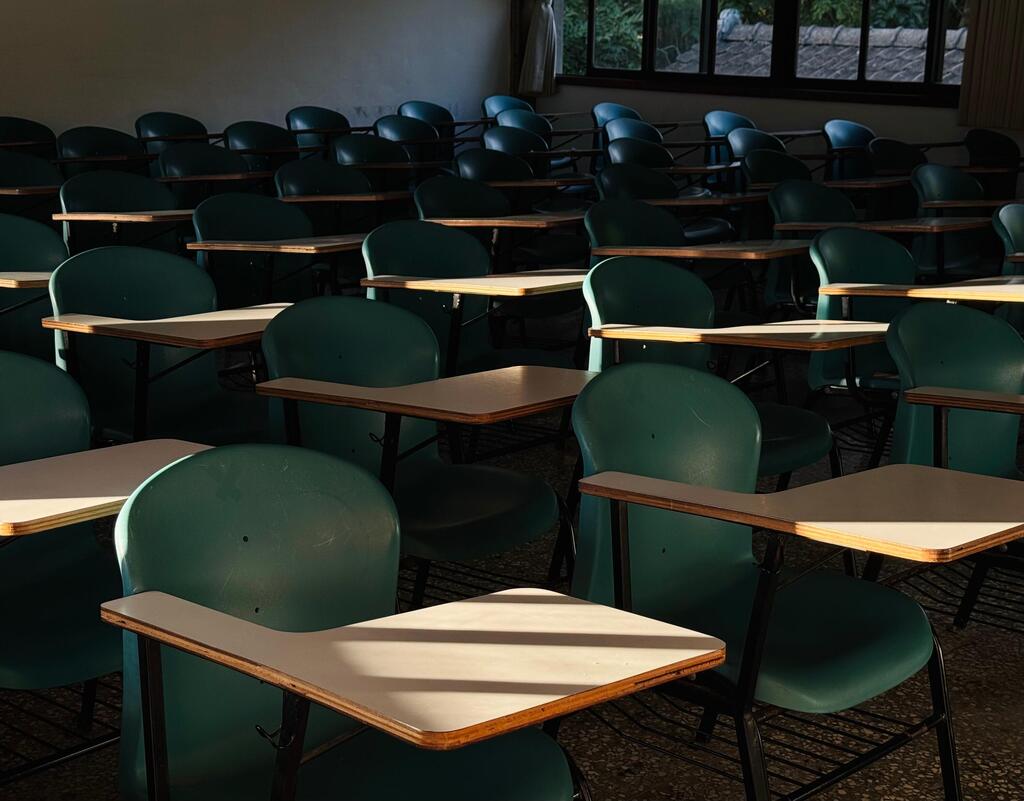An empty university classroom. 