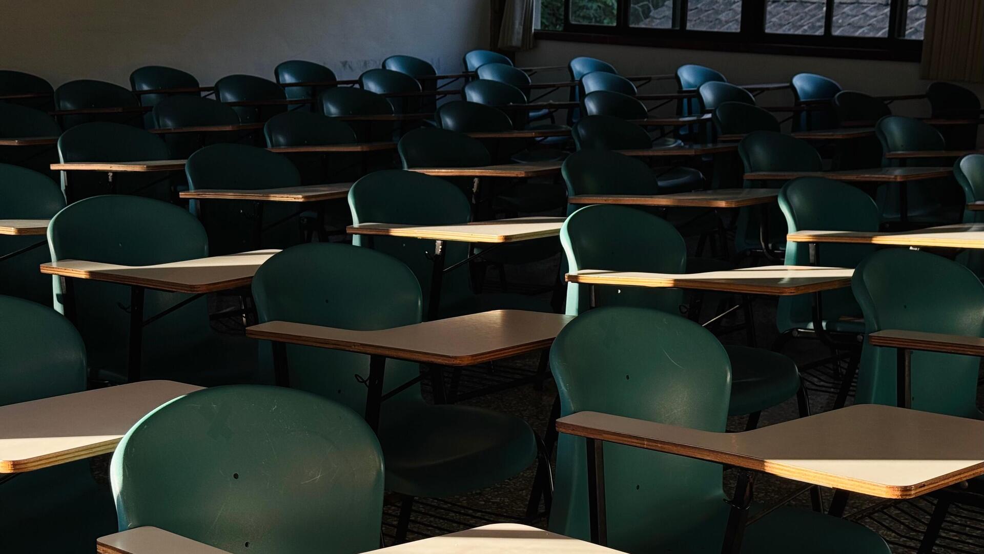 An empty university classroom. 