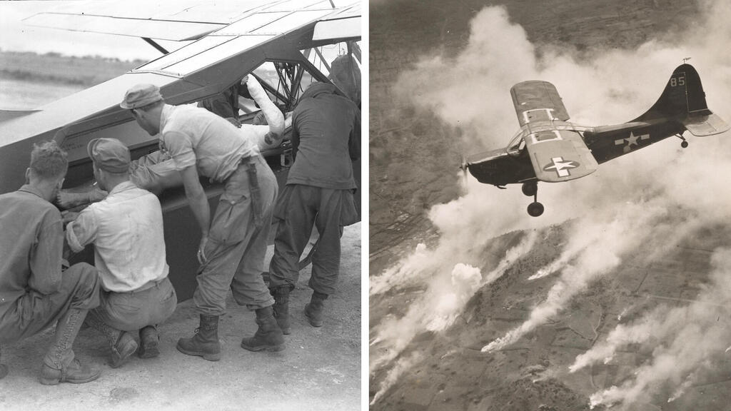 מטוס הסטינסון סנטינל טס מעל אזור מופצץ, ומקבל חייל פצוע (צילום: NARA) הקברניט מטוס קל