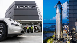 מפעל טסלה לצד חללית סטארשיפ של SpaceX ספייסX 
