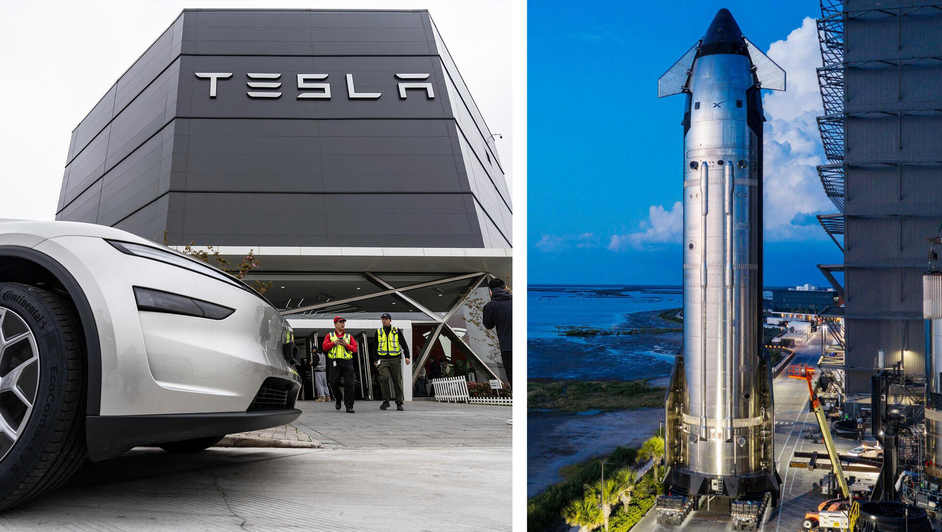 מפעל טסלה לצד חללית סטארשיפ של SpaceX ספייסX 