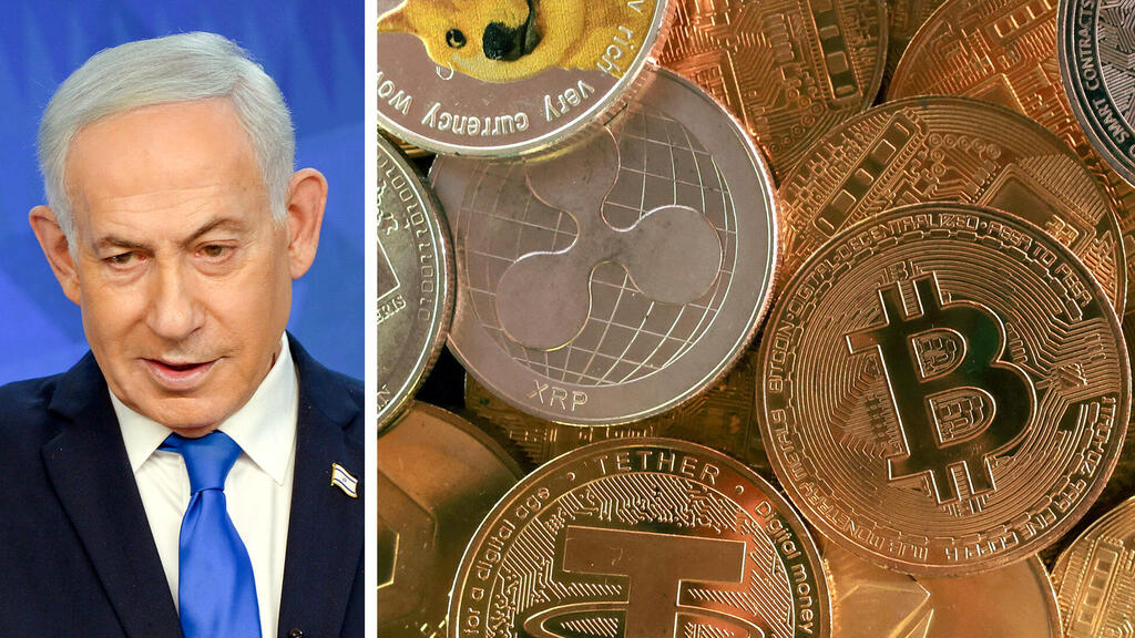 ראש הממשלה בנימין נתניהו. "צריך להתארגן בכלכלה עוקפת והמטבעות שעוקפים את זה" (צילומים: מעיין טואף/לע״מ, Dado Ruvic/Reuters) ראש הממשלה בנימין נתניהו לצד מטבעות קריפטו